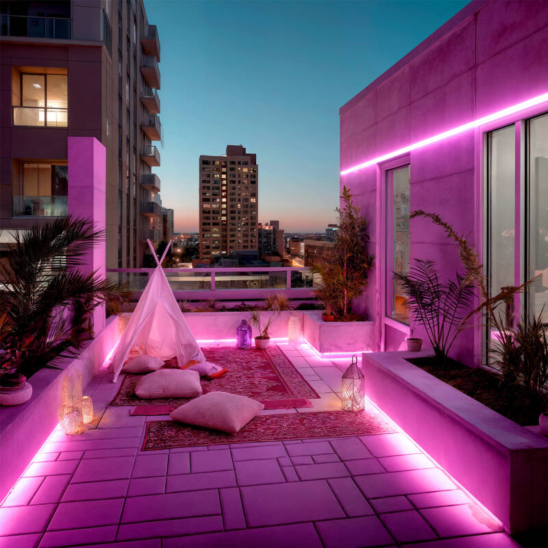 Fita LED Neon Regulável 220 V, Bobina de 50 m, Rosa, Semicircular 180°, 7,5 W/m, Corte a cada 100 cm, IP67