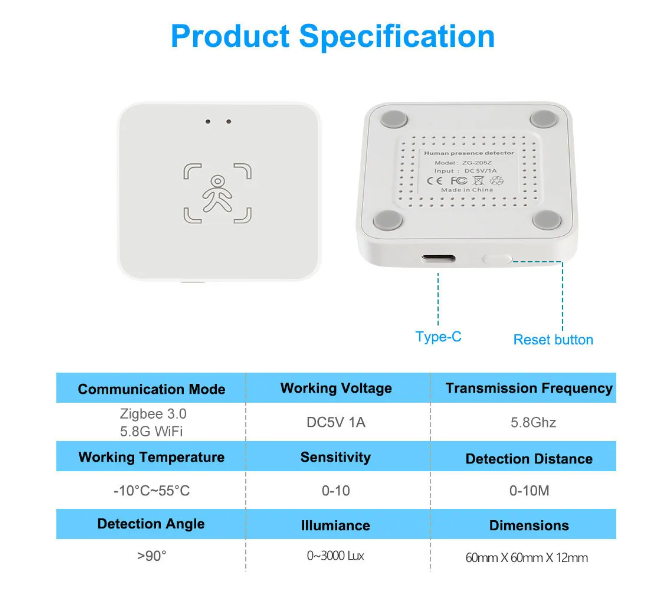 Sensor de presença zigbee quadrado