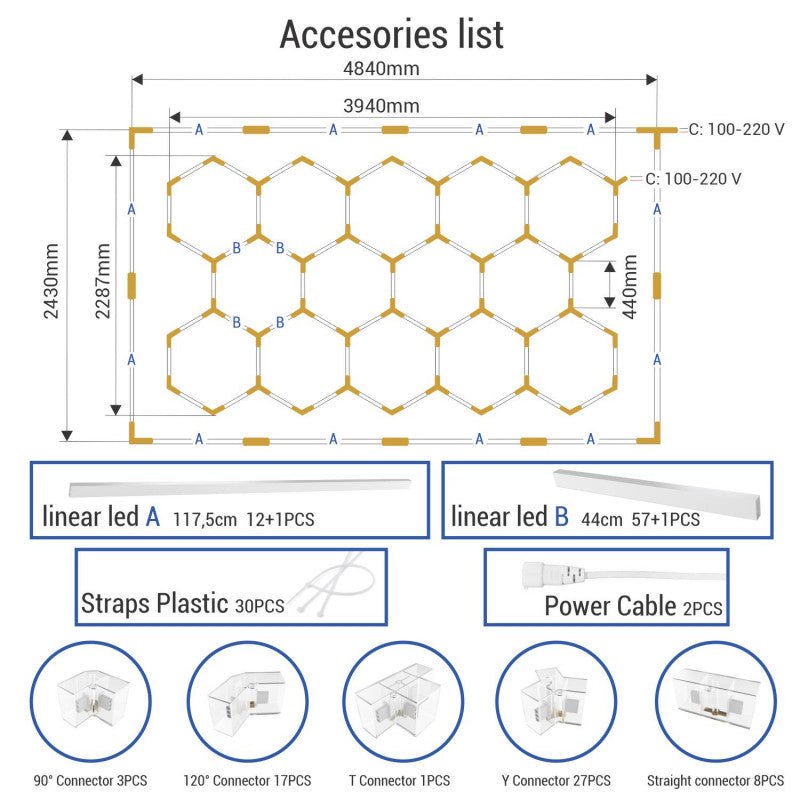 Lâmpada LED Hexagonal - 6000K - 14 Hexágonos + Retângulo 5m