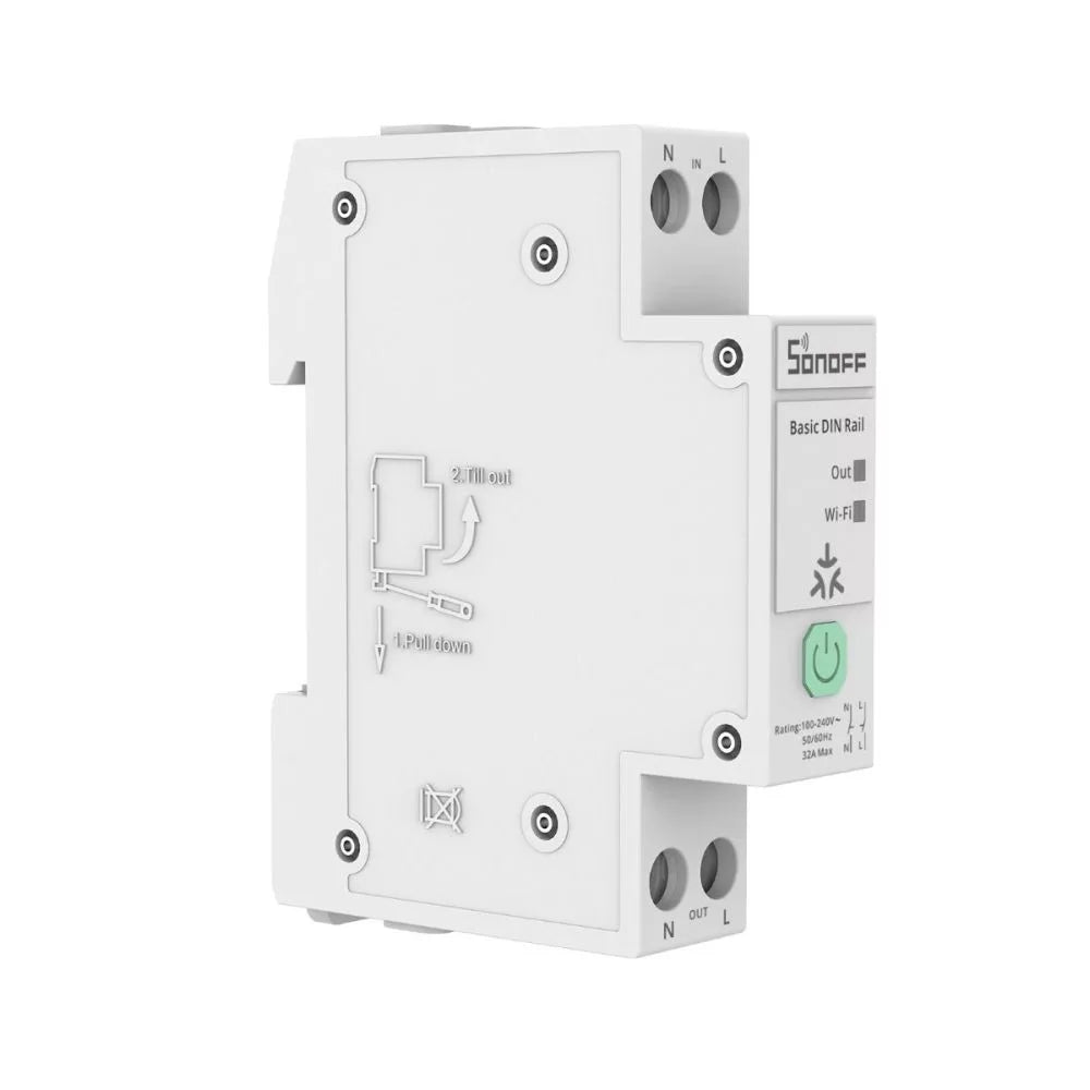 Sonoff Basic DIN Rail – Smart DIN-rail mountable 32A relay module com energy monitoring, WiFi, Bluetooth, Matter (BASIC-1GSP)
