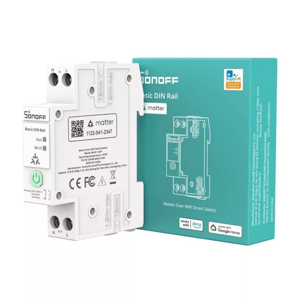 Sonoff Basic DIN Rail – Smart DIN-rail mountable 32A relay module com energy monitoring, WiFi, Bluetooth, Matter (BASIC-1GSP)