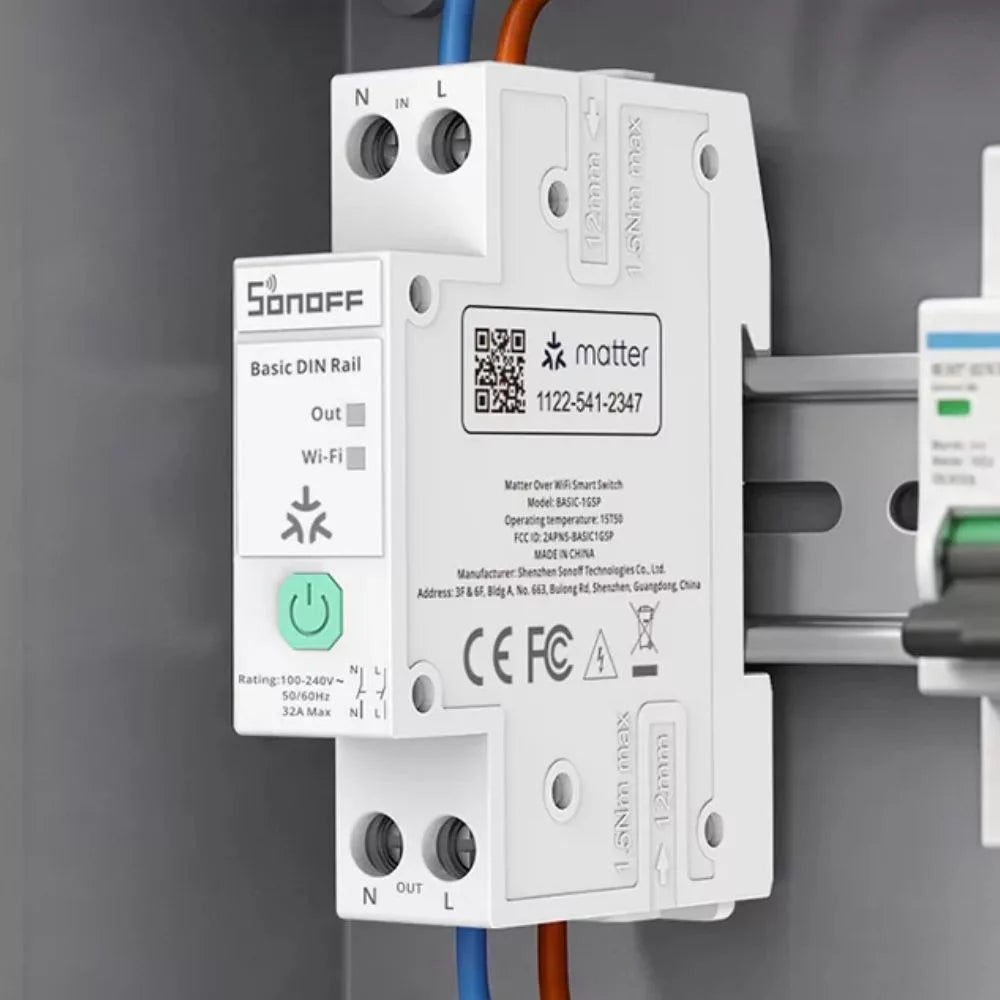 Sonoff Basic DIN Rail – Smart DIN-rail mountable 32A relay module com energy monitoring, WiFi, Bluetooth, Matter (BASIC-1GSP)