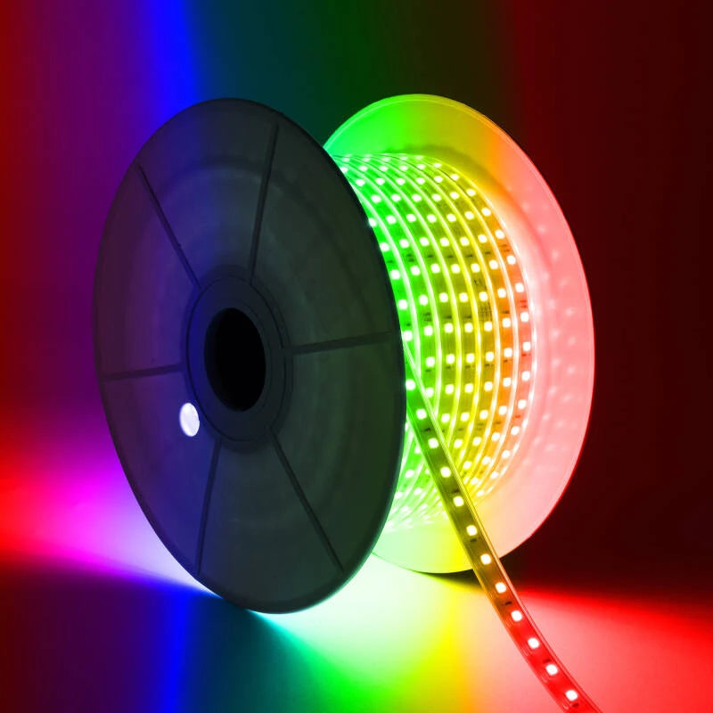 Fita LED RGB 220V SMD 60 LED/m Rolo 50m 9.5W/m Largura 14.5mm Corte 100cm IP65 com Comando IR