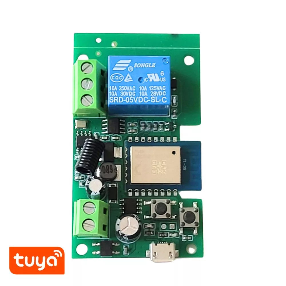 TuyaSmart 1CH 5V-32V AC/DC – One-gang, Wi-Fi, RF, smart relay com NO/NC contacts