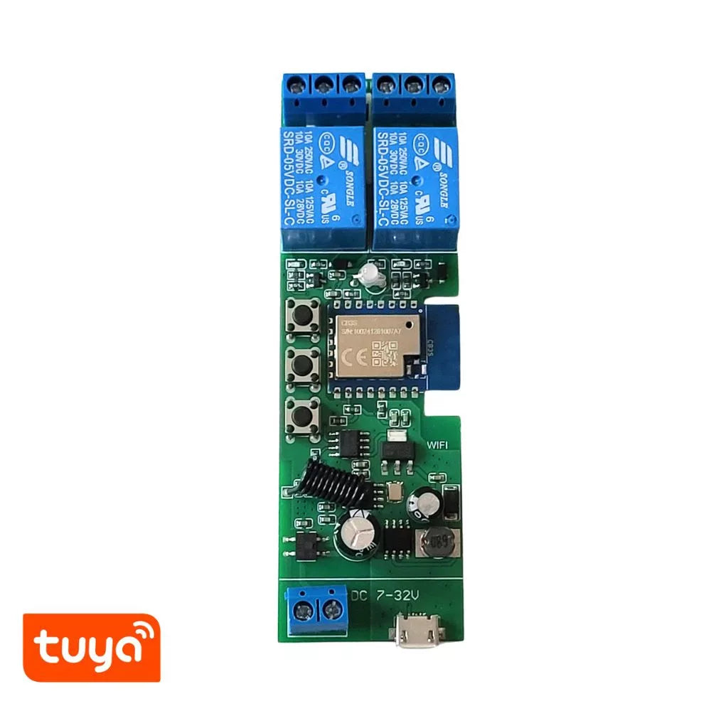 TuyaSmart 2CH 5V-32V AC/DC – Two-gang, Wi-Fi, RF, smart relay com NO/NC contacts