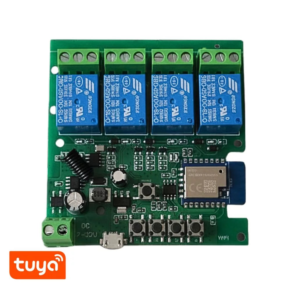 TuyaSmart 4CH 5V-32V AC/DC – Four-gang, Wi-Fi , RF, smart relay com NO/NC contacts