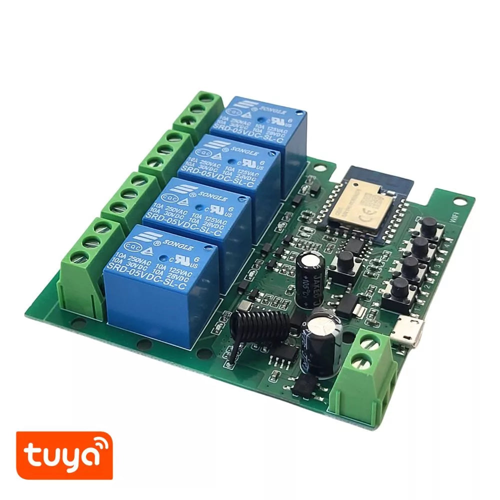 TuyaSmart 4CH 5V-32V AC/DC – Four-gang, Wi-Fi , RF, smart relay com NO/NC contacts