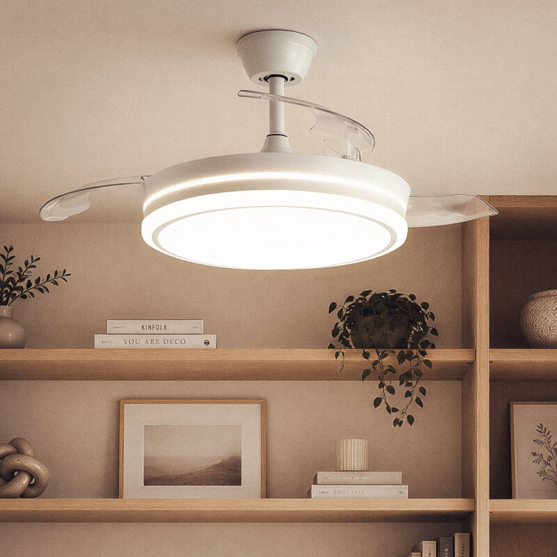 Ventoinha de teto com luz silenciosa DC com pás retráteis Dalori Evo